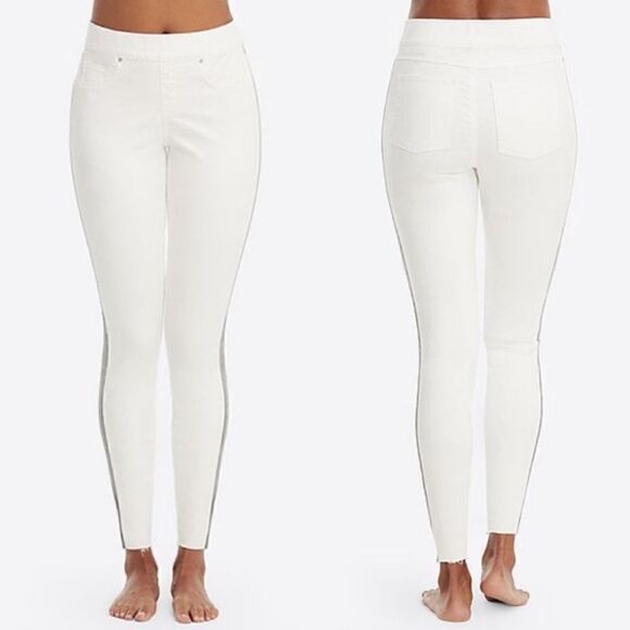 Spanx Side Stripe High Rise Skinny Jean Raw Hem White Gray - Picture 4 of 14